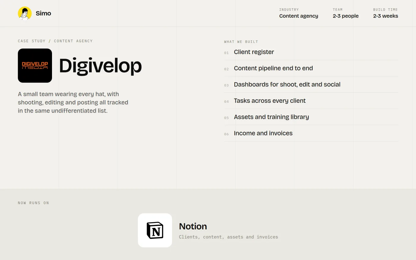 Digivelop Media case study: content agency client, content and asset system built in Notion