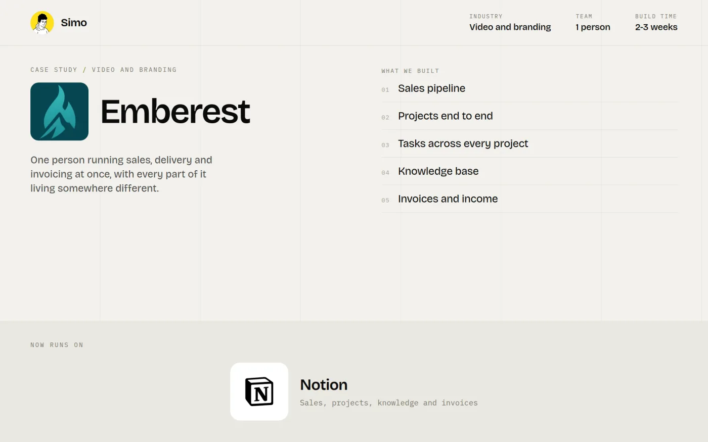 Emberest case study: video and branding solo-operator sales, project and invoicing system built in Notion