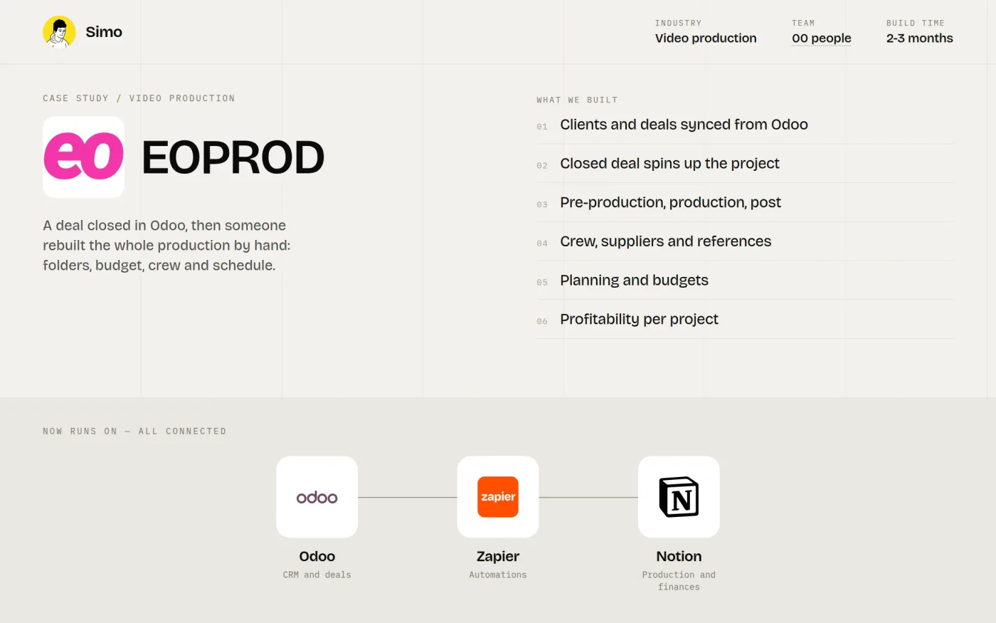 EOPROD case study: video production system syncing Odoo, Zapier and Notion