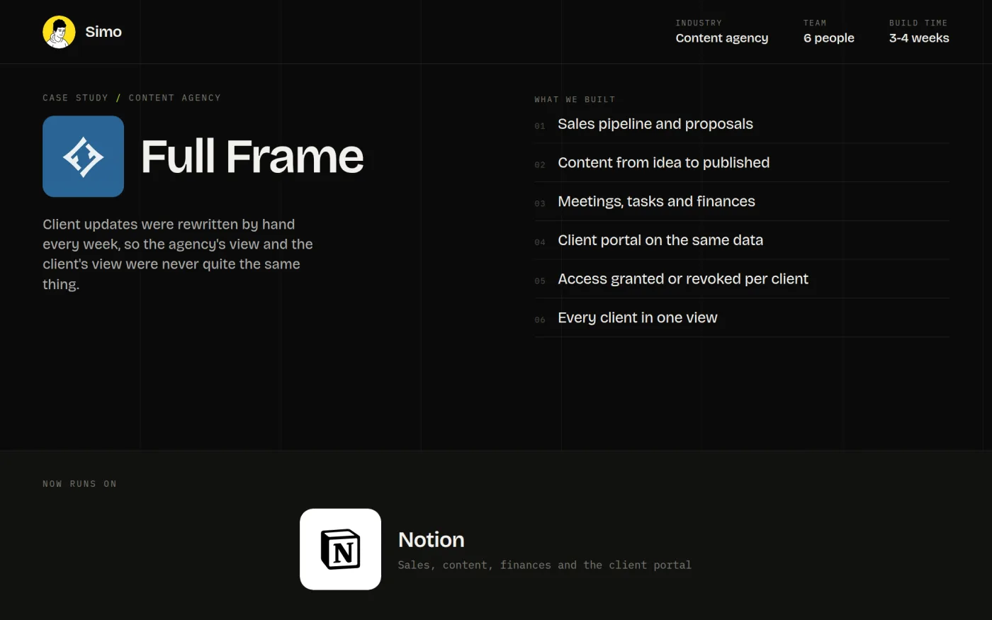 Full Frame case study: content agency sales, content and client portal system built in Notion