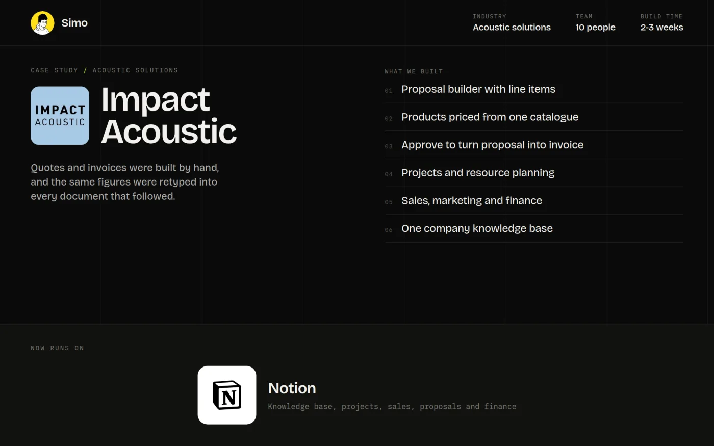 Impact Acoustic case study: proposal-to-invoice and project system built in Notion
