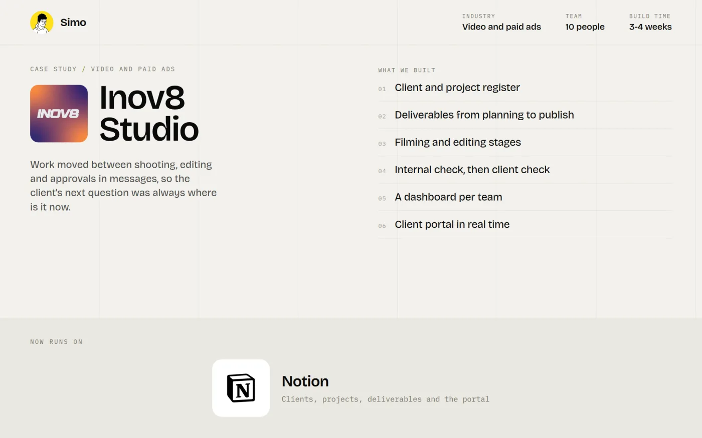 Inov8 Studio case study: video and paid ads production and client portal system built in Notion