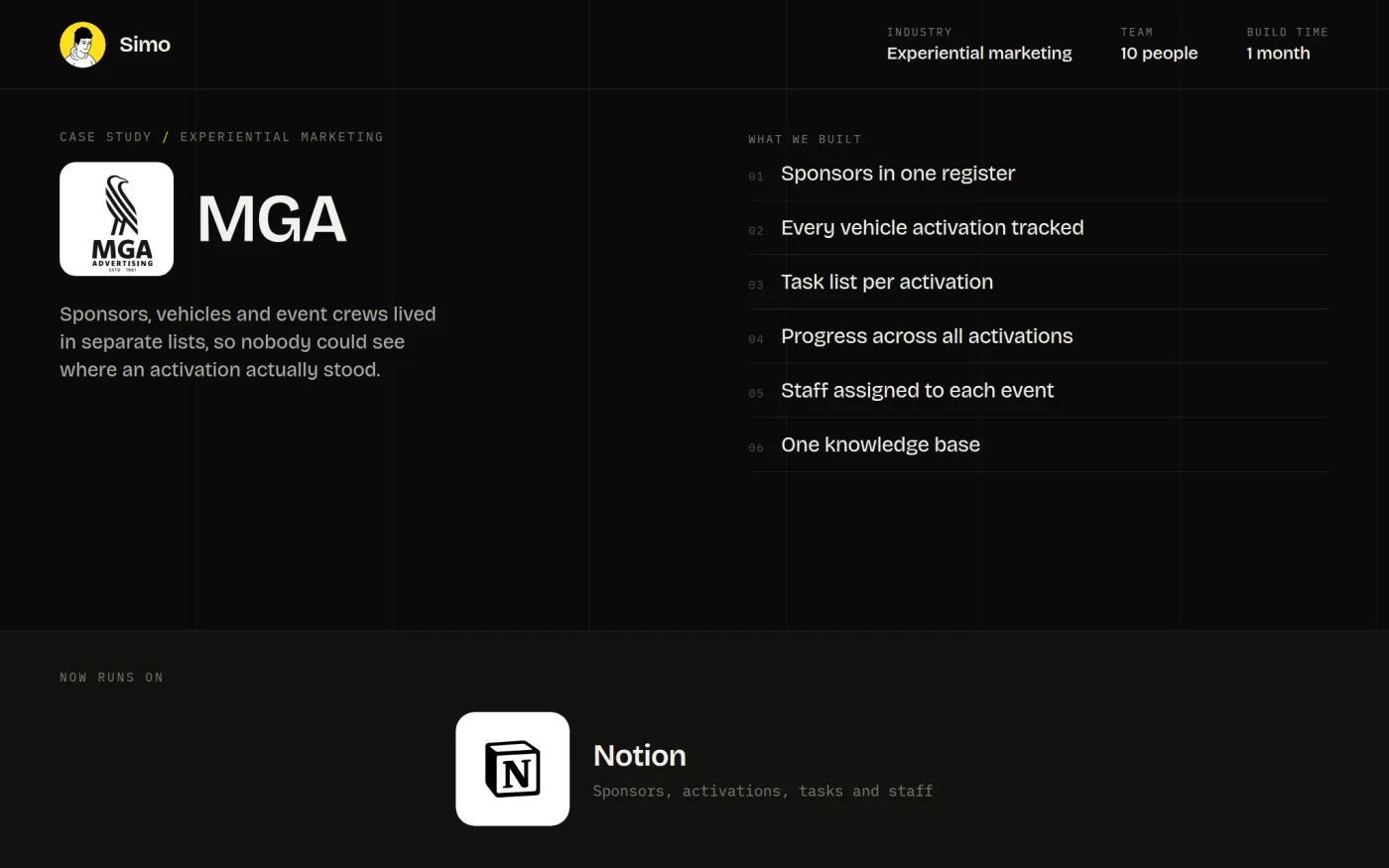 MGA Advertising case study: experiential marketing sponsor and activation tracker built in Notion