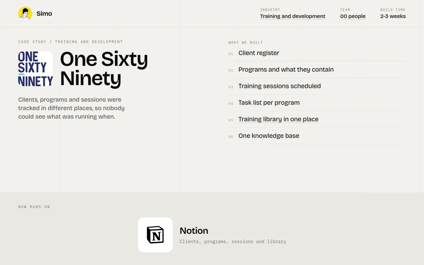 One Sixty Ninety case study: training and development client, program and session system built in Notion