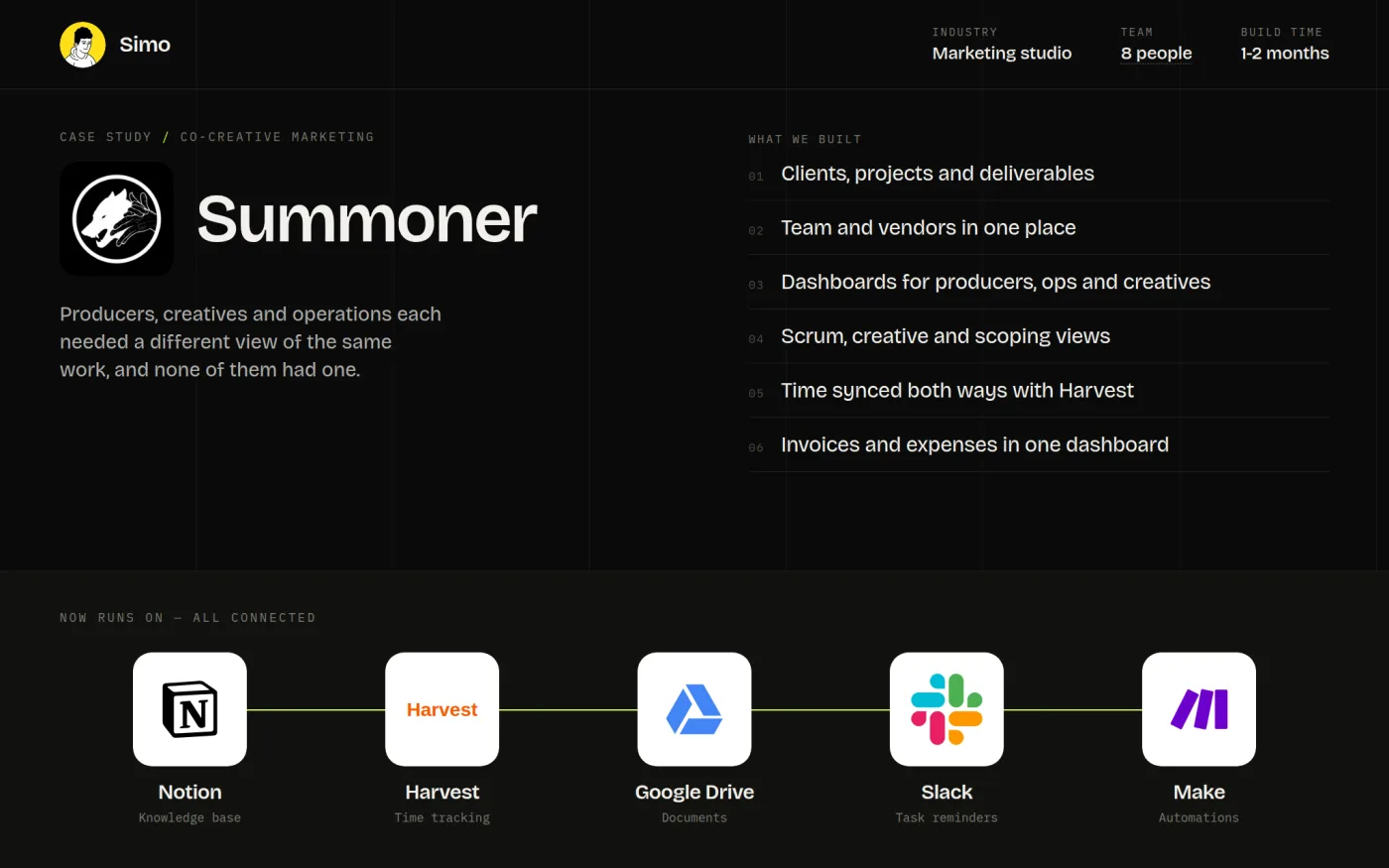 Summoner Studios case study: marketing studio operations system connecting Notion, Harvest, Google Drive, Slack and Make