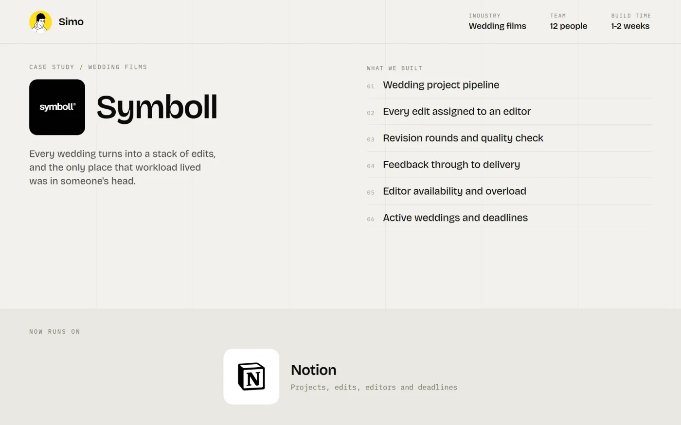 Symboll case study: wedding film editing pipeline built in Notion